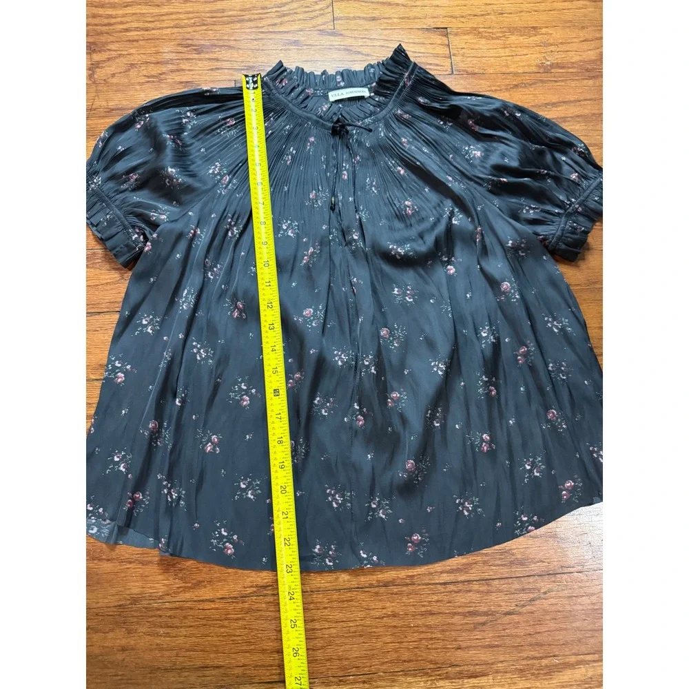 Ulla Johnson Floral Pleated Blouse Black Pink Rose Ruffle Neck Puff Sleeve Top 8